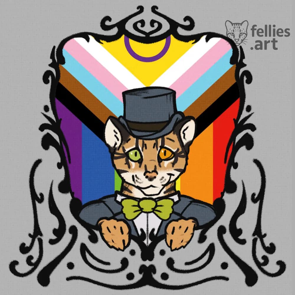 An ocelot is looking out of a frame at the viewer. In the background is the inclusive pride flag visible.