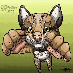 An feral ocelot in a pixel art look is jumping towards the viewer.