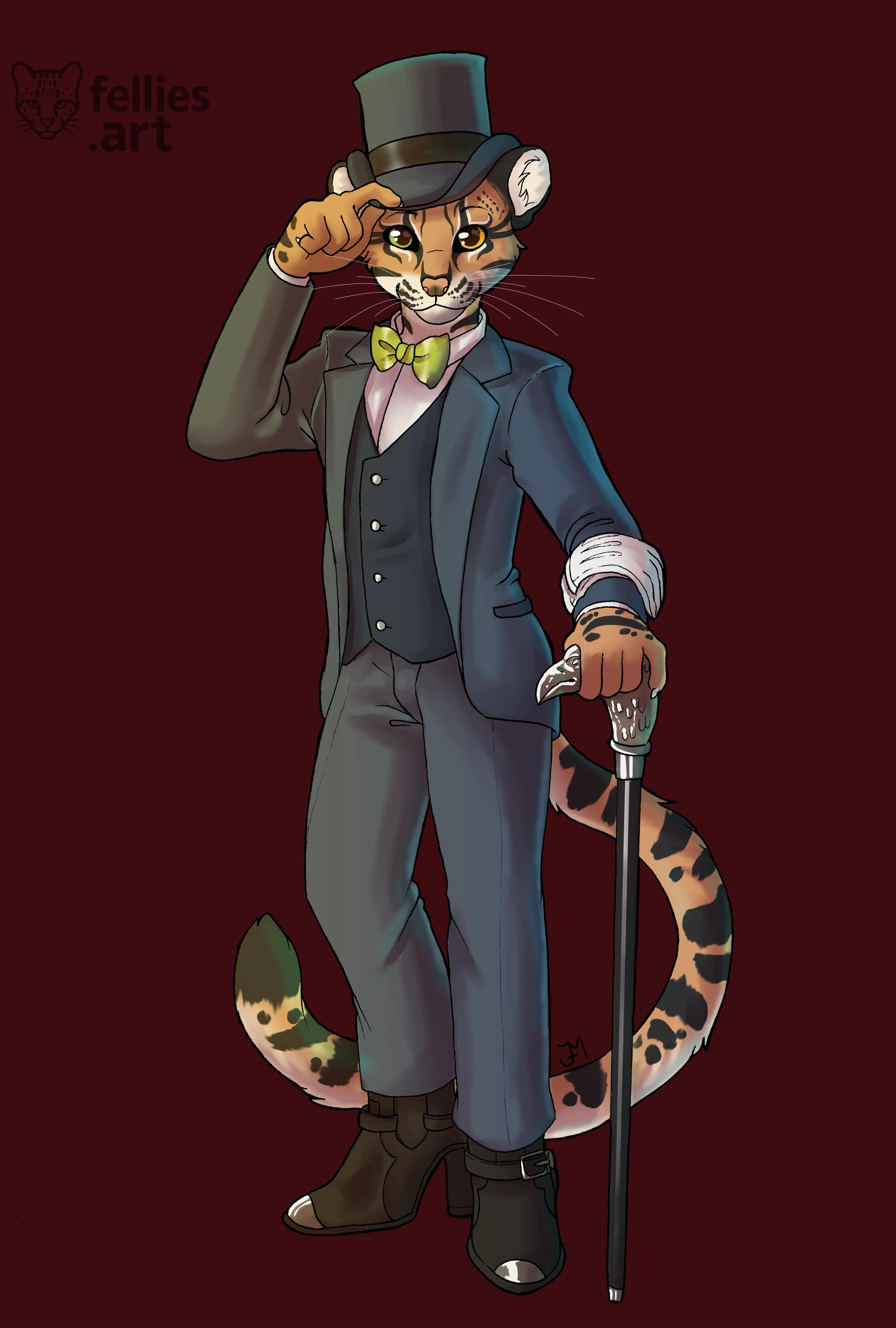 An anthro ocelot in suit having a top hat on and a cane in the left hand. The right hand is on the hat for a greeting gesture.