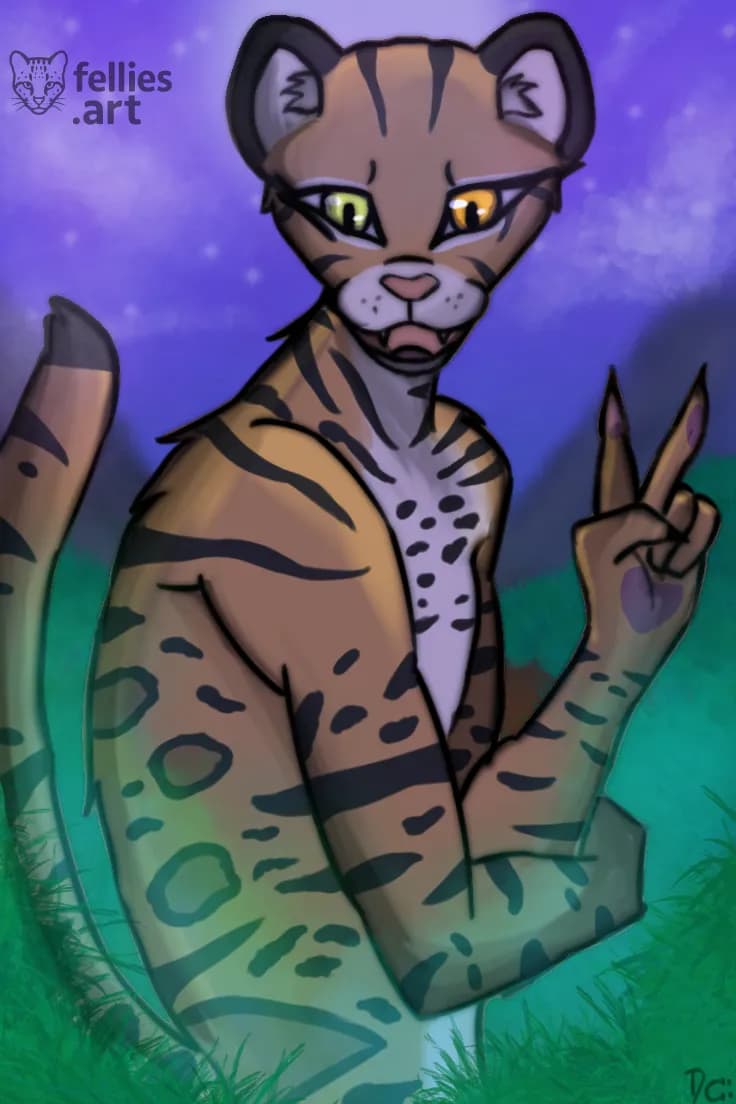 An anthro ocelot giving the peace sign