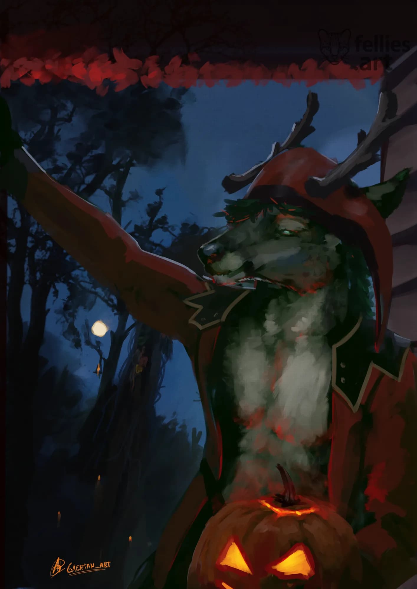 A dark halloween night in the background only illuminated by a glowing pumpkin that is held by a reinder in the foreground suited in a entertaining look like a reddish harlekin outfit.