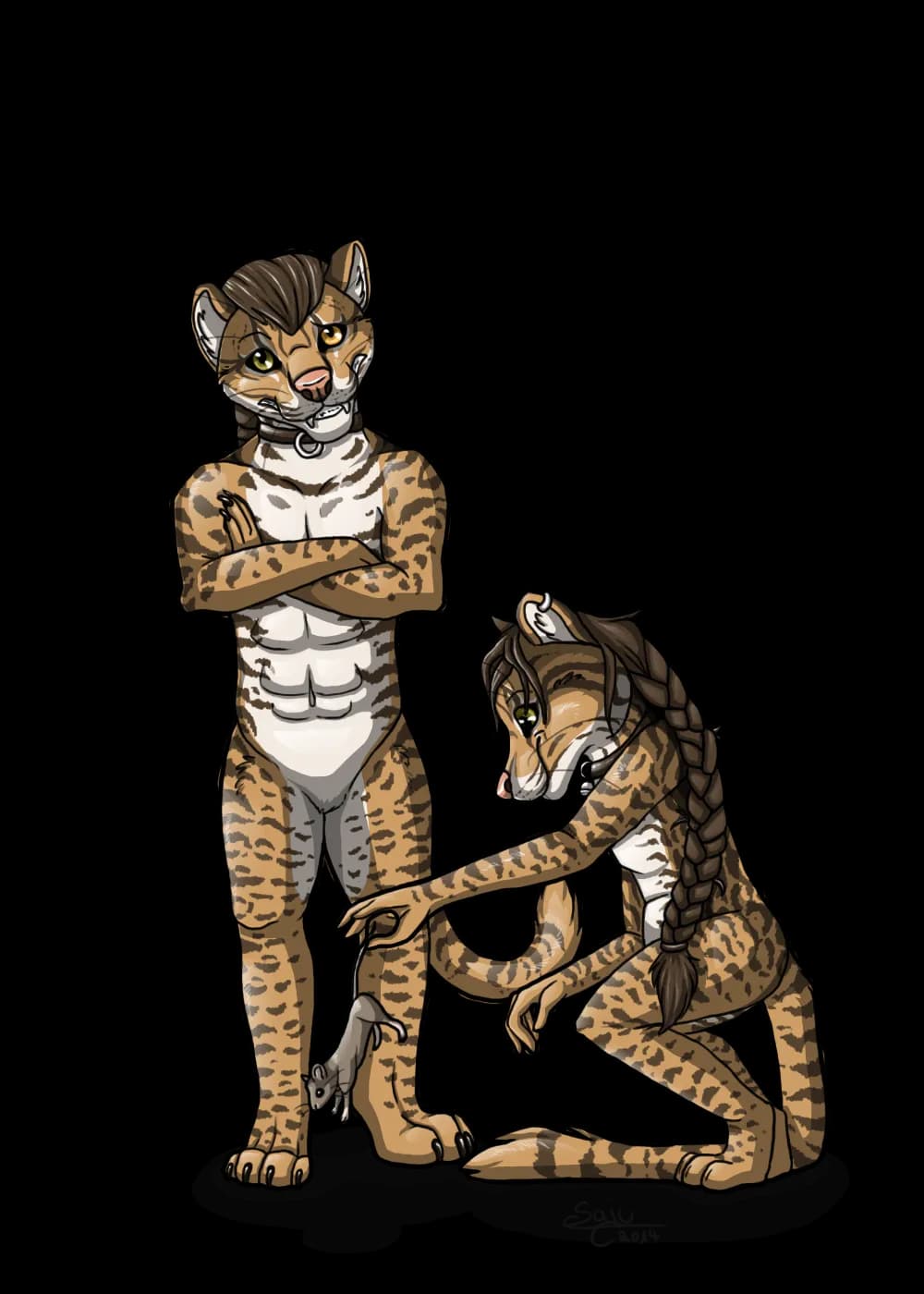 Two ocelots, one standing, the other is playing with a mouse
