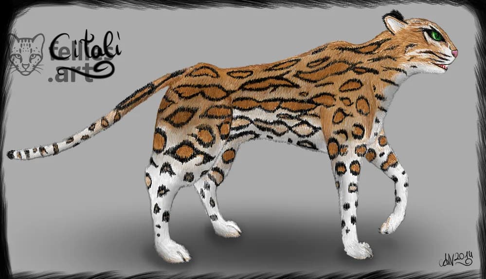 a feral ocelot viewed from the side walking to the right