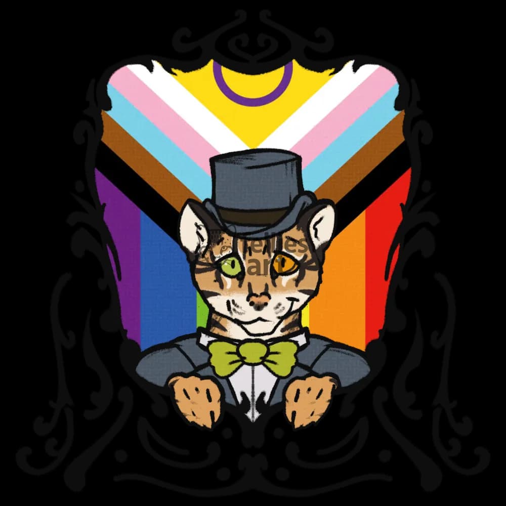 An ocelot is looking out of a frame at the viewer. In the background is the inclusive pride flag visible.