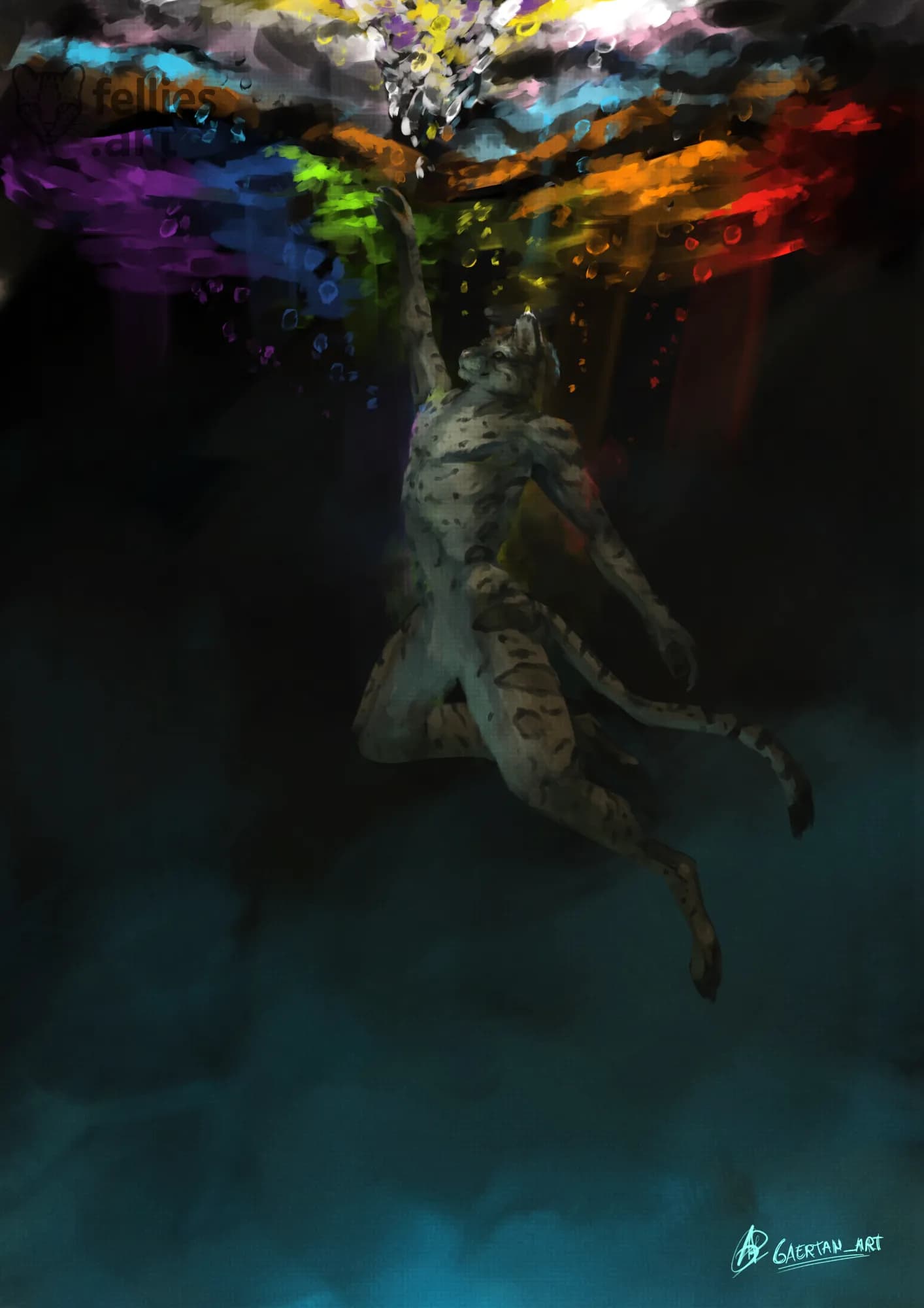 An anthromorphic ocelot surrounded by some air bubbles emerges from the deep and dark to the surface illuminated in all the colors of the rainbow and the inclusive pride flag. 