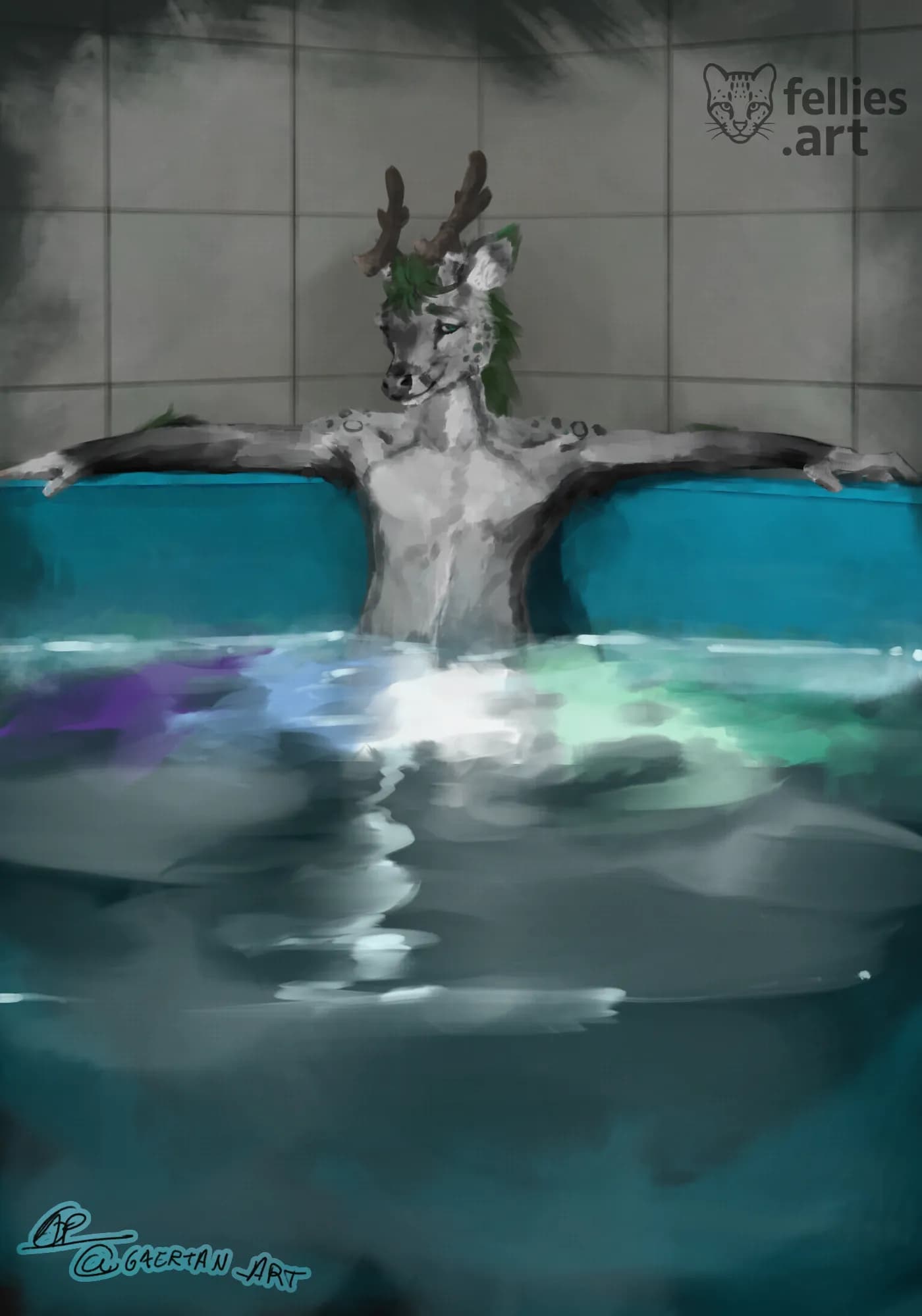 A ren sitting in a water pool where the water shows the colors of the gay flag